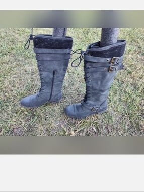 Women’s Gray Lace-Up Knee-High Boots with Buckle Detail